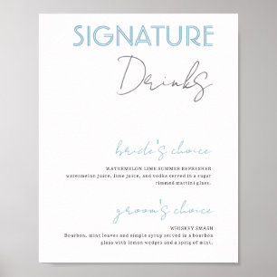 Poster Bleu et blanc Signature Boissons Mariage Bar Poste