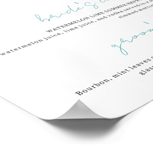 Poster Bleu et blanc Signature Boissons Mariage Bar Poste (Coin)