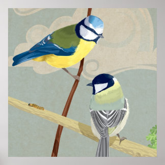 Poster Bleu et grande mésange