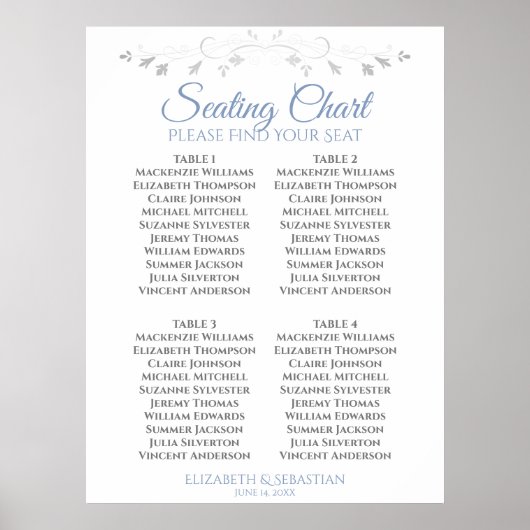 Poster Bleu et gris Simple Mariage de 4 tables (Devant)