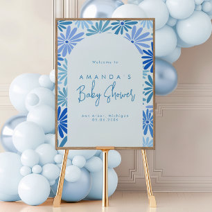 Poster Bleu et Turquoise Retro Floral Super Baby Welcome