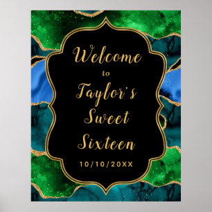 Poster Bleu et vert Peacock Agate Sweet sixteen Bienvenue