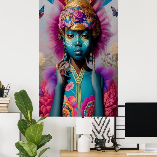 Poster Bleu fille avec or ancienne couronne (Bureau à domicile)