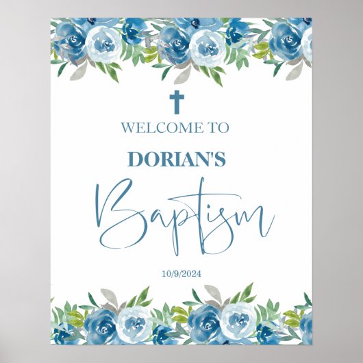 Poster bleu Floral Boy Baptism (Devant)