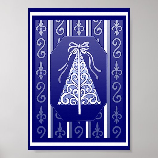 Poster Bleu Foncé Et Blanc Frottis Arbre De Noël (Devant)