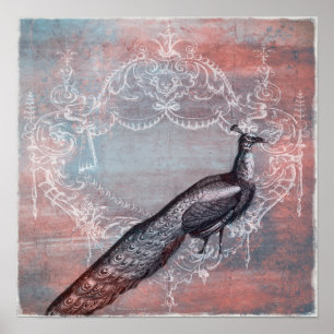 Poster Bleu français rococo et copie rose de paon