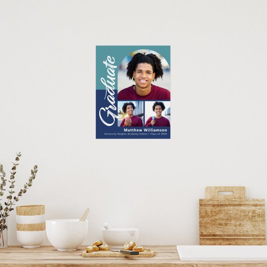 Poster Bleu Graduation 3 Photo Bold Arch Script Moderne (Cuisine)