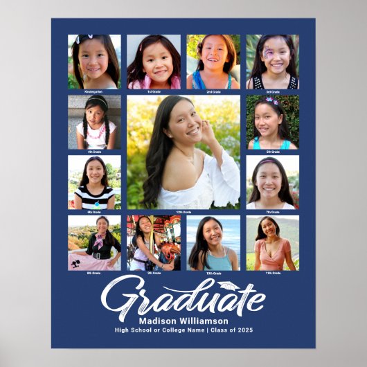 Poster Bleu Graduation K-12 Photo Collage Script Moderne (Devant)