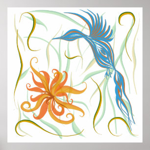 Poster Bleu Graphique Oiseau et Oiseau du Paradis