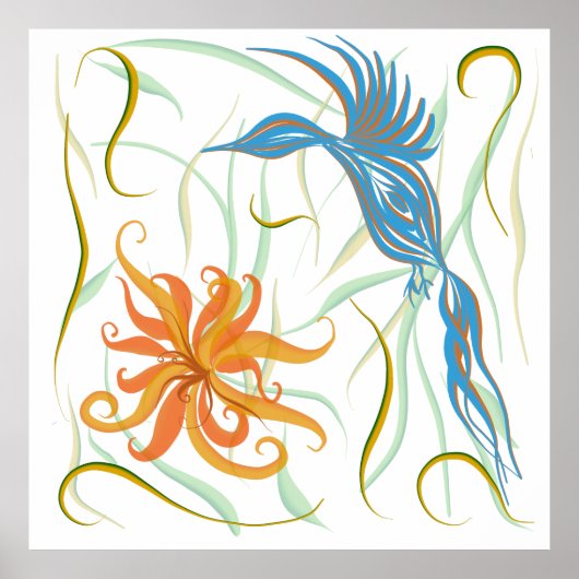 Poster Bleu Graphique Oiseau et Oiseau du Paradis (Devant)