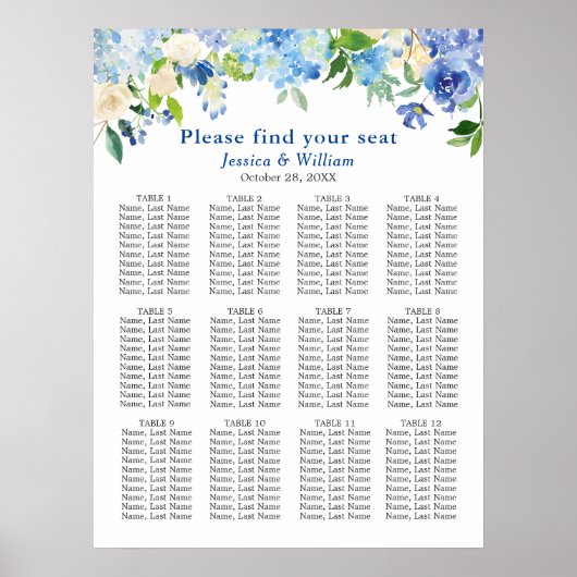 Poster Bleu Hydrangea 12 Tables Mariage CHART DE SIÈGE (Devant)