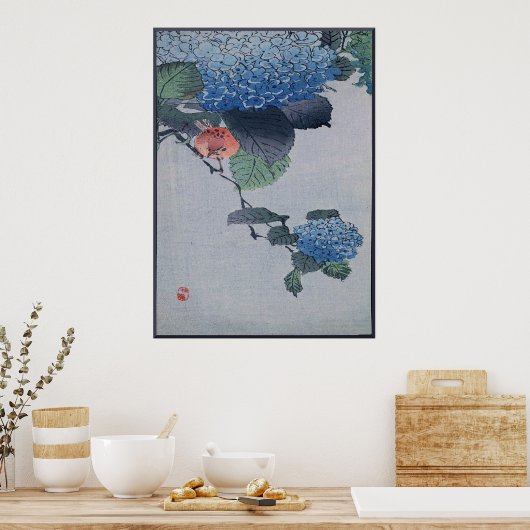 Poster Bleu Hydrangea Bois japonais avec Bird (Cuisine)
