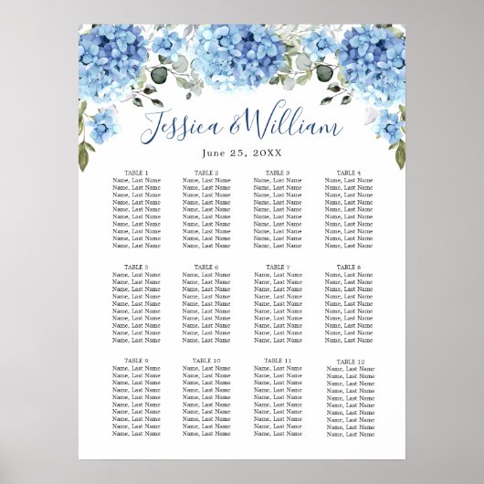 Poster Bleu Hydrangea Eucalyptus 12 Tables CADRE (Devant)