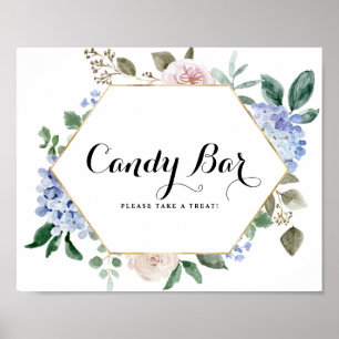 Poster Bleu Hydrangeas et roses roses roses or Barre de b