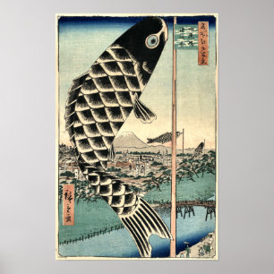 Poster Bleu japonais vintage de poissons de papier d'art