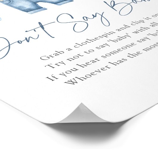 Poster Bleu Jean Denim Baby shower Ne pas dire bébé signe (Coin)