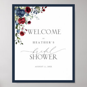 Poster Bleu marine et Bourgogne Aquarelle Bienvenue sous
