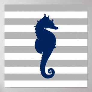 Poster Bleu marine Hippocampe Gris et rayures blanches