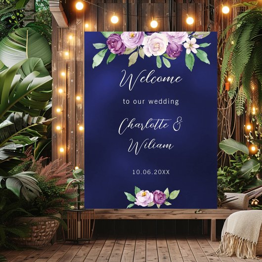 Poster bleu marine mariage violet violet fleurs pourpres