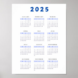 Poster bleu minimaliste 2025 Wall Calendar