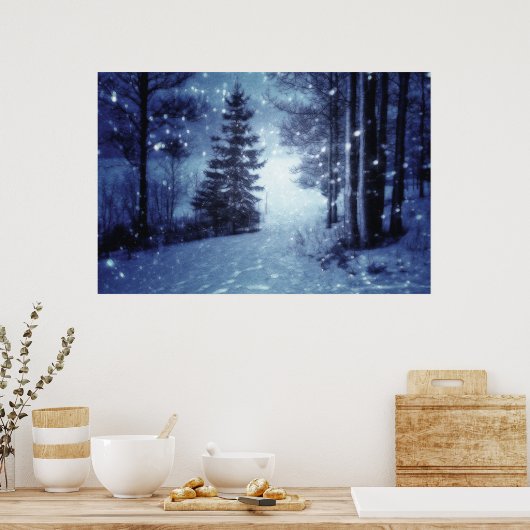 Poster Bleu Moonlit Forêt magique Scène d'hiver (Cuisine)