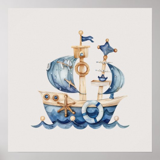Poster Bleu Nautique Bébé Garçon Voilier (Devant)