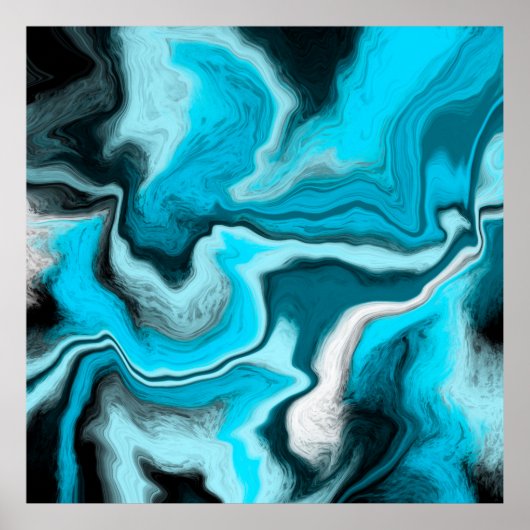 Poster Bleu, noir et Marbre blanc Fluid Art (Devant)