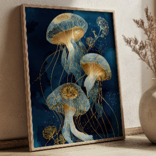 Poster Bleu Nuit & Or Méduse Kintsugi Encre Art Océan