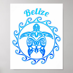 Poster Bleu Océan Tortue Tribale Belize