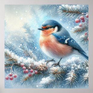 Poster Bleu Oiseau rouge et paysage hivernal 8