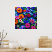 Poster Bleu orange coloré et Fleurs rouges (Cuisine)