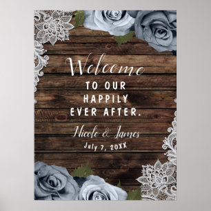 Poster Bleu Poussiéreux Roses Florales Rustique Bois & Ma