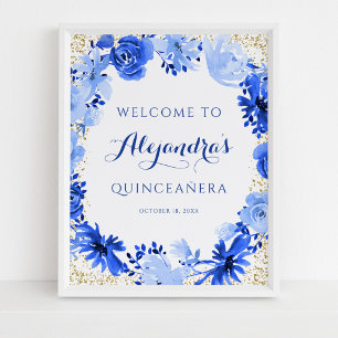 Poster Bleu Royal Fleurs Aquarelle Or Quinceanera