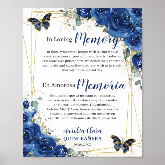 Poster Bleu Royal Floral Quinceanera 16 En Souvenir Affec (Devant)