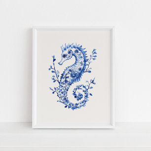 Poster Bleu Seahorse - Bleu côtier sur Mur beige Art