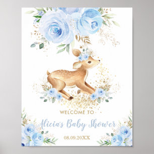 Poster Bleu sucré Floral Baby Deer Fawn Boy Baby shower
