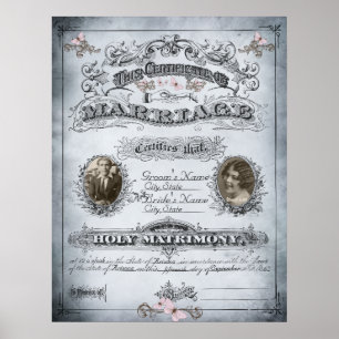 Poster Bleu Tone Papillon certificat de mariage Vintage