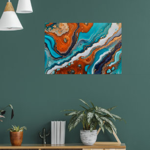 Poster bleu turquoise, rouille et or peinture abstrait