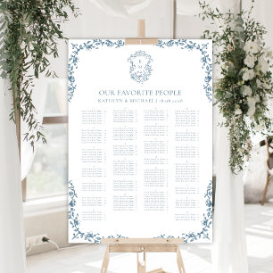 Poster Bleu Vintage Crest Mariage Siège alphabétique