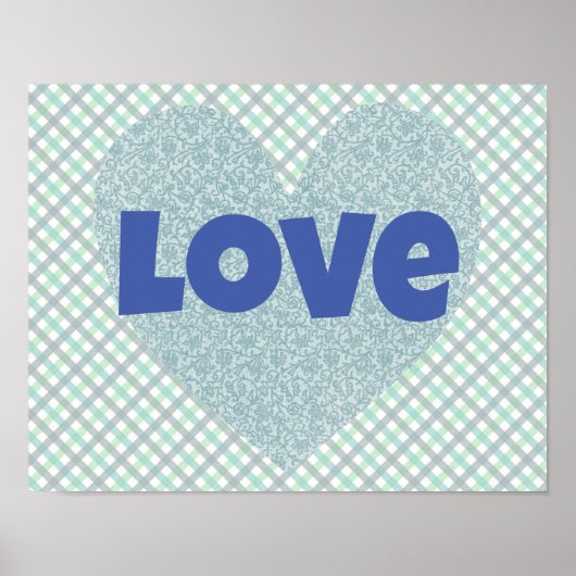 Poster bleu Vintage Floral Coeur et Amour (Devant)