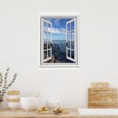 Poster Bleu Vue mer Océan Fenêtre Faux (Cuisine)