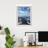 Poster Bleu Vue mer Océan Fenêtre Faux (Bureau à domicile)