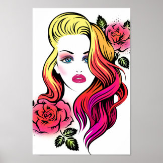Poster Blonde femme yeux bleus avec roses et cheveux arc-