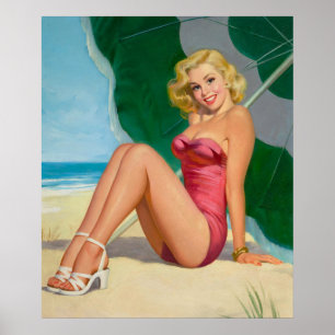 Poster Blonde Girl Under Beach Umbrella Pin Up