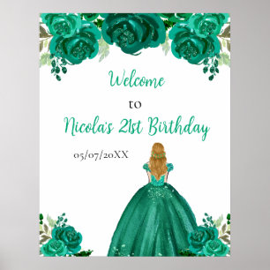 Poster Blonde Hair Princess Green Floral Anniversaire Bie