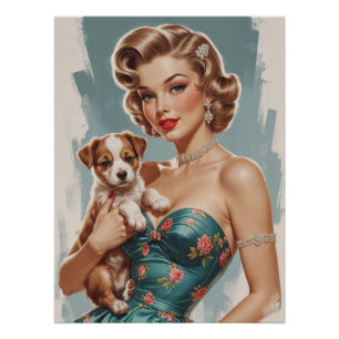 Poster Blonde Pin Up avec mignon chiot