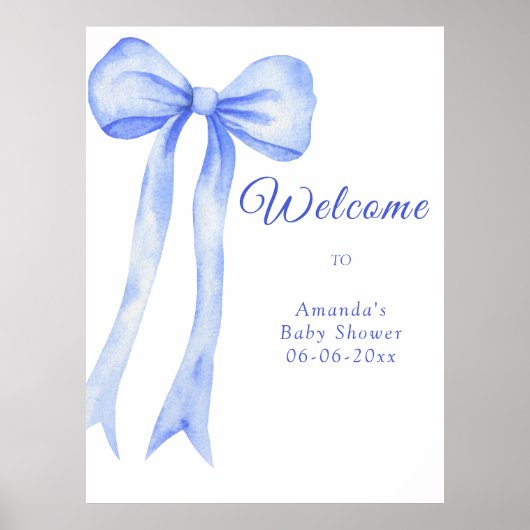 Poster blue a bow - bienvenue baby shower party (Devant)
