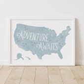 Poster Blue Adventure Attend US Map Kids Room Decor
