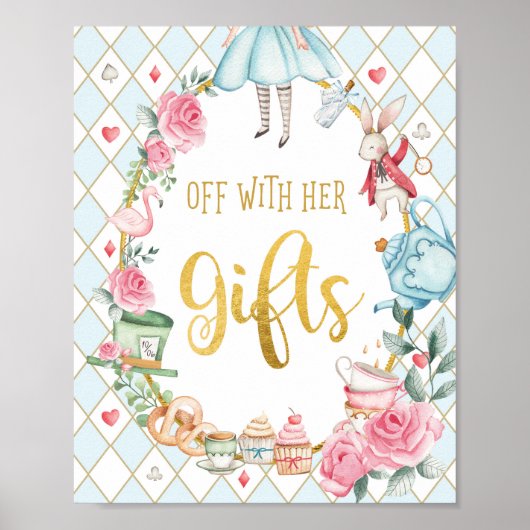 Poster Blue Alice in Wonderland OFF WITH HER GIFTS Sign (Devant)