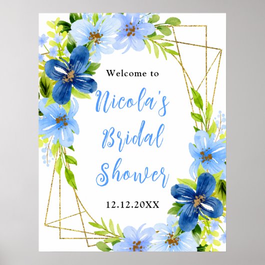Poster Blue and Navy Flowers Bridal Shower Welcome (Devant)